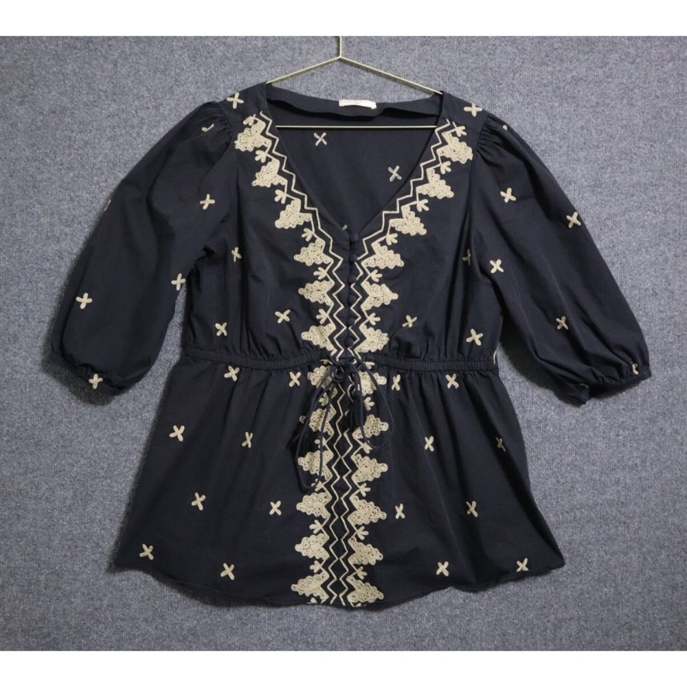 Wayward Fancies Blouse Women XL Black Embroidered Top‎ V Neck Balloon 3/4 Sleeve